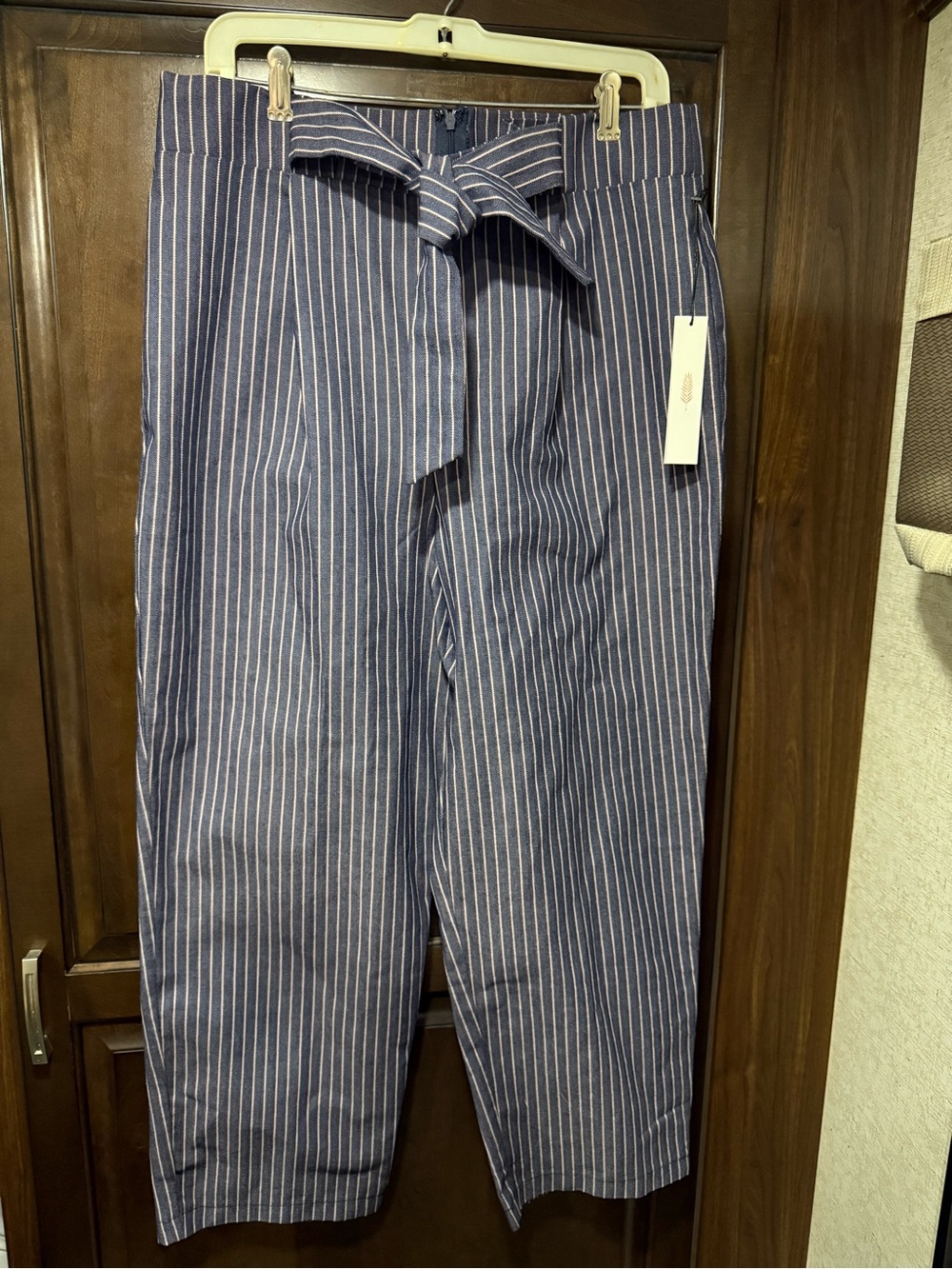 june & hudson Navy Blue Pinstripe women’s Chinos with Waist Tie